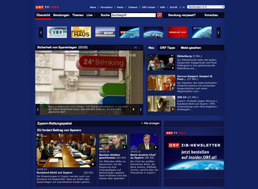 So präsentiert sich die TVThek: In der Menüleiste gibt's die Übersicht, eine Auflistung aller verfügbaren Sendungen, Sendungen nach Themen sortiert und eventuelle Live-Übertragungen. Suche, Suche nach verpassten Sendungen und eine Vorschau. Bild: ORF/TVButler Screenshot