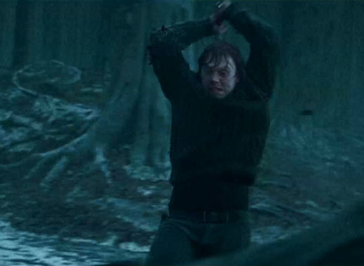 Rupert Grint als Ron Weasley in zappendusterer Nacht,
Harry Potter und die Heiligtümer des Todes. Bild: © 2010 Warner Bros. Ent.
