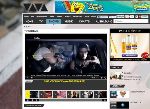 Ganze Folgen von Shows bietet VIVA in seiner Mediathek. Auch im Bereich Music werden zahlreiche Videos angeboten. Bild: VIVA / Screenshot TVButler