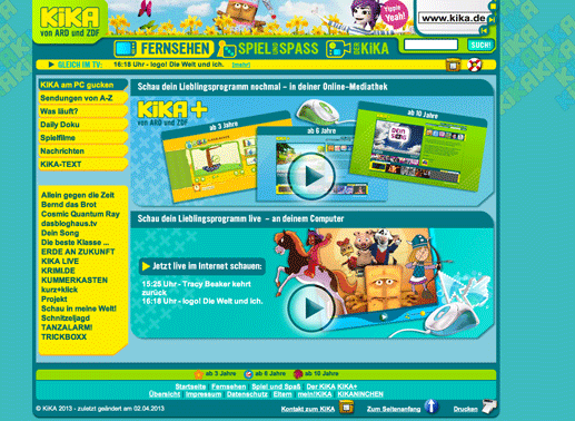 KIKA +, die Mediathek von KIKA bietet Sendungen online zum Nachschauen und einen Live-Stream. Die Sendungen werden nach Alter gestaffelt – ab 3, 6 und 10 Jahren, angeboten. Bild: KIKA / Screenshot TVButler
