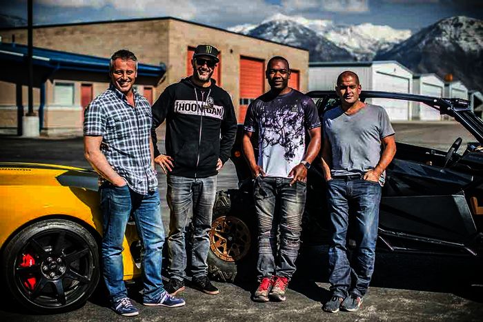 Matt LeBlanc, Ken Block, Rory Reid, Chris Harris. Bild: Sender / MG RTL D / BBC 2017