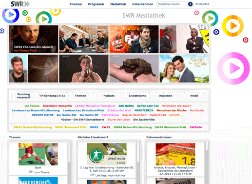 Die Mediathek des SWR – so macht Fernsehen im Internet Spaß! Plus: Podcasts, Themen und Regionalkarte. Bild: SWR / Screenshot TVButler
