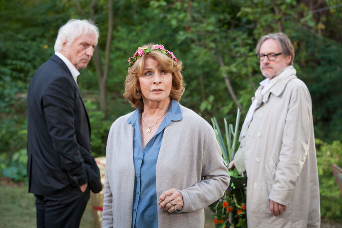 Peter (Günther Maria Halmer, l.) bezichtigt Betty (Senta Berger), mit Leo (Michael Wittenborn, r.) fremdzugehen. Bild: Sender / Conny Klein