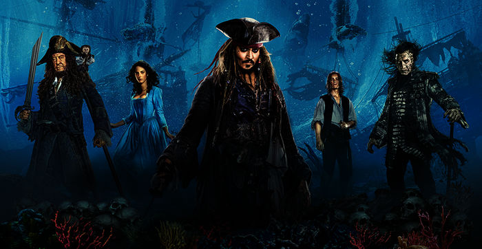 Geoffrey Rush (Capt. Hector Barbossa), Kaya Scodelario (Carina Smyth), Johnny Depp (Capt. Jack Sparrow), Brenton Thwaites (Henry Turner), Javier Bardem (Capt. Armando Salazar).  Bild: Sender / ORF / Disney