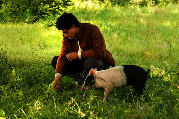 Prinz Augustin aus dem Königreich Lichterwald (Emilio Sakraya) will sich an der überheblichen Prinzessin Victoria von Siebenlande (Jeanne Goursaud) rechen und verkleidet sich als Schweinehirt. Bild: Sender/ Michael Rahn