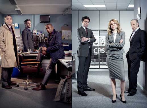 Linkes Bild: Detective Ronnie Brooks (Bradley Walsh), Detective Sam Casey (Paul Nicholls) und Wes Leyton (Paterson Joseph) Rechtes Bild: Die Staatsanwälte Jacob Thorne (Dominic Rowan), Henry Sharpe (Peter Davison) und Kate Barker (Georgina Taylor). Bild: Sender