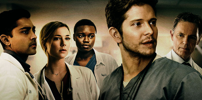 Manish Dayal (Dr. Devon Pravesh), Emily VanCamp (Nicolette Nevin), Shaunette Renée Wilson (Dr. Mina Okafor), Matt Czuchry (Dr. Conrad Hawkins), Bruce Greenwood (Dr. Randolph Bell). Bild: Sender / ORF / PRO7 / 2018 Fox