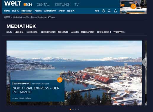 N24 bietet in der Mediathek bietet eine Vielzahl hochwertiger Dokumentationen, informativer Magazine, politischer Talks und relevanter Newsclips. Bild: N24 / Screenshot TVButler
