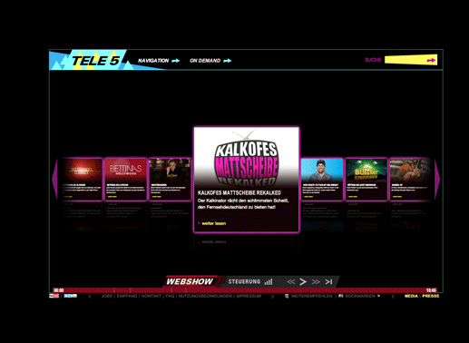 Ausgewählte Eigenproduktionen – davon ganze Staffeln – bietet TELE 5 in seiner Mediathek. Beim Drüberfahren über die Navigation geht die Auswahl auf – die angebotenen Sendungen im Überblick. Bild: TELE 5 / Screenshot TVButler