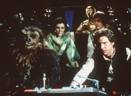 Um das Schutzschild des Todessterns zerstören zu können, erbeuten Chewbacca (Peter Mayhew, l.), Prinzessin Leia (Carrie Fisher, 2.v.l.), C-3PO (Anthony Daniels, hinten M.), Luke (Mark Hamill, 2.v.r.) und Han Solo (Harrison Ford, r.) ein imperiales Shuttle ... Bild: Sender