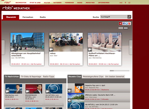 Die Mediathek des RBB – eine schön gestaltete Auswahl aus den Angeboten aus Fernsehen und Radio. Bild: RBB / Screenshot TVButler