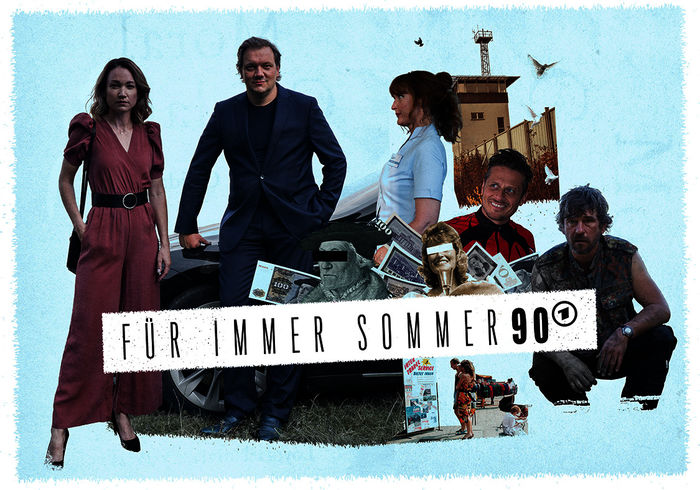 Bea (Lisa Maria Potthoff), Katrin (Deborah Kaufmann), Sven (Roman Knizka) und Ronny (Peter Schneider). Bild: Sender / ARD Degeto / Manju Sawhney / Montage Felix Schlüter, Typeholics