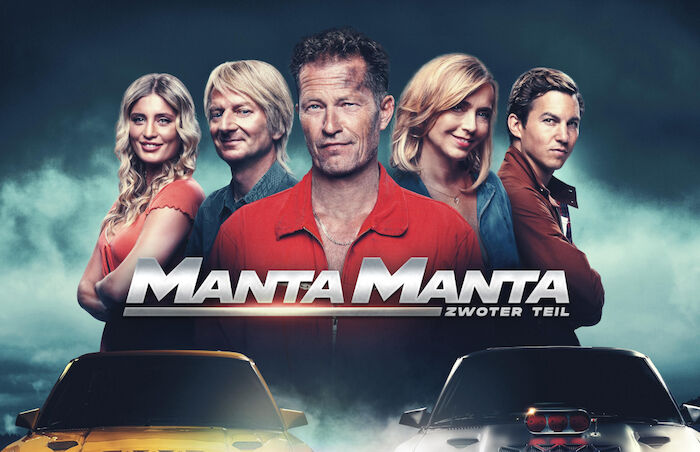Manta Manta - Zwoter Teil: Mücke (Luna Schweiger), Klausi (Michael Kessler), Bertie (Til Schweiger), Uschi (Tina Ruland), Daniel (Tim Oliver Schultz). Bild: Sender / 2023 Constantin Film Verleih.