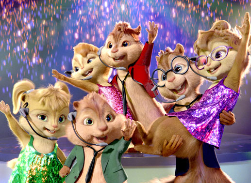 Wenn die singfreudigen Chipmunks erst einmal in Fahrt sind, sind gute Laune, Spaﬂ und Action vorprogrammiert: Alvin, Simon, Theodore, Jeanette, Eleanor und Brittany ... Bild: Sender / 20th Century Fox