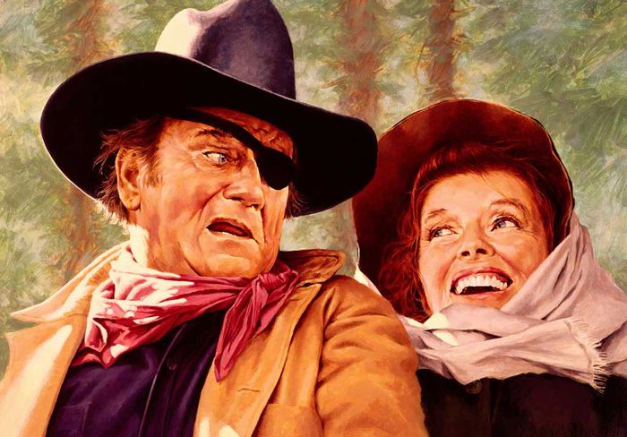 Ein ungleiches Paar im "Wilden Westen" von Arkansas: Die Predigertochter Eula (Katharine Hepburn) und der raubeinige Marshal Rooster Cogburn (John Wayne). Zusammen wollen sie einen berüchtigten Banditen seiner gerechten Strafe zuführen. Bild: Sender / ZDF / Dave Sutton und Susie Tracy