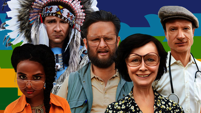 Normaloland: Ein festes Schauspielensemble, von links: Massiamy Diaby, Michael Halberstadt, Anton Fatoni Schneider, Ulrike Arnold, Ben Rodrian, in immer anderen Rollen. Bild: Sender / ZDF / Daniela Pfeil