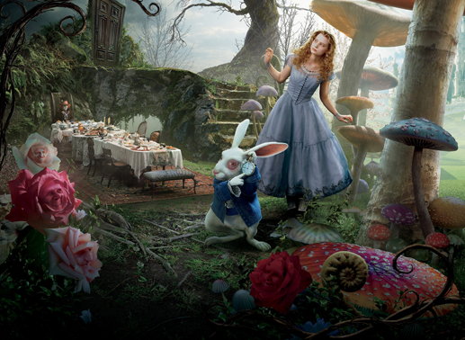Ein weißer Hase mit Weste und Taschenuhr führt Alice (Mia Wasikowska) ins Wunderland, wo sie auf den verrückten Hutmacher (Johnny Depp) trifft ... Bild: Sender