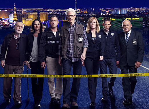 Das CSI-Team: Dr. Albert Robbins (Robert David Hall), Sara Sidle (Jorja Fox), Nick Stokes (George Eads), D.B. Russell (Ted Danson), Catherine Willows (Marg Helgenberger), Greg Sanders (Eric Szmanda) und Captain Jim Brass (Paul Guilfoyle). Bild: Sender