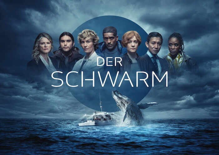 Der Schwarm: Barbara Sukowa (Katherina Lehmann), Joshua Odjick (Leon Anawak), Cécile de France (Cécile Roche), Alexander Karim (Sigur Johanson), Leonie Benesch (Charlie Wagner), Takuya Kimura (Mifune), Sharon Duncan-Brewster (Samantha Crowe). Bild: Sender / ORF / ZDF / [M] Serviceplan / Staudinger + Franke 