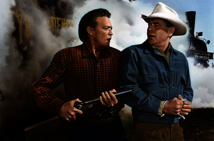 Van Heflin (li.) als rechtschaffener Farmer und Glenn Ford (re.) als Bandenchef vor dem Zug um 3:10 nach Yuma. Bild: Sender / Columbia Pictures 