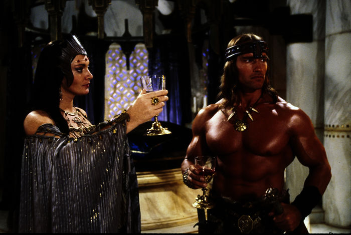 Die gleichermaßen schöne wie böse Königin Taramis (Sarah Douglas) bittet Conan (Arnold Schwarzenegger) um Hilfe. Bild: Sender