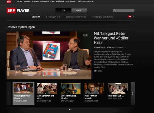 In der Mediathek des Schweizer Rundfunks werden Inhalte aus TV und Radio angeboten. Empfehlungen, die neuesten Videos, eine A-Z-Übersicht und die beliebtesten Videos werden speziell hervorgehoben. Bild: SRF / Screenshot TVButler