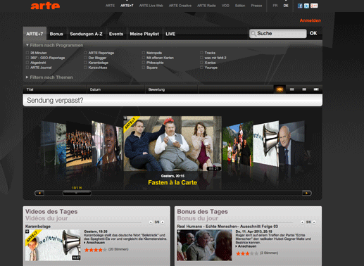 Die Mediathek von arte bietet eine Übersicht über alles zur Verfügung stehenden Sendungen, eine zeitliche Auswahl zum Durchklicken und einige redaktionelle ausgewählte Angebote. Bild: arte / Screenshot TVButler