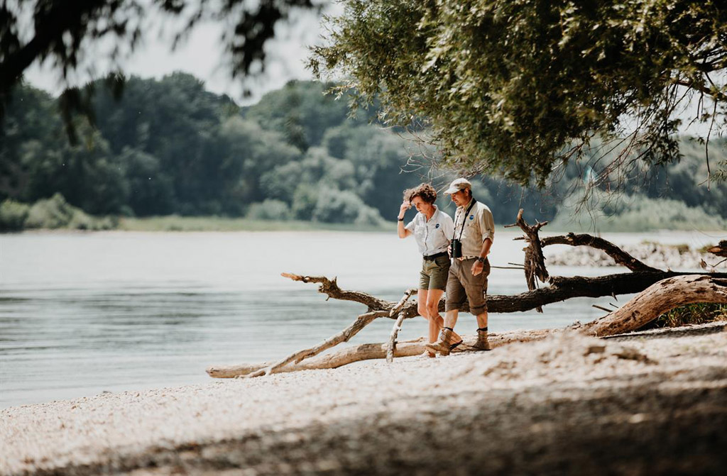 Donau Auen: Nationalpark-Rangerin Christiane Mayr und Förster Franz Kovacz auf ihrem Rundgang. Bild: ServusTV / Kelemen