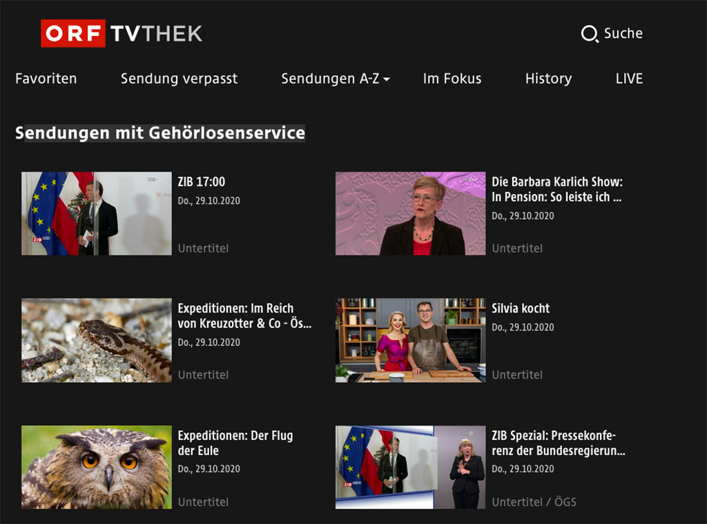 ORF-Sendungen mit Gehörlosenservice in der TVThek