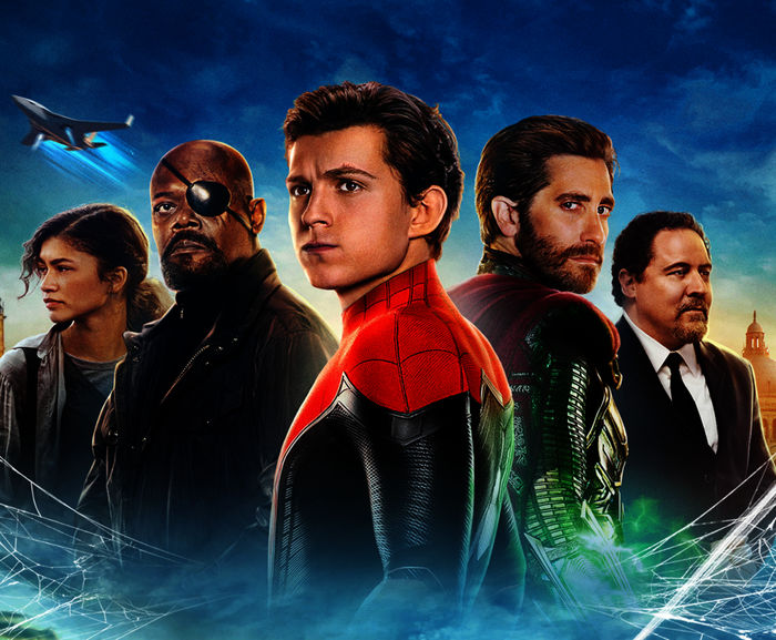 Spider-Man: Far from Home:  Zendaya (Michelle 'MJ' Jones), Samuel L. Jackson (Nick Fury), Tom Holland (Peter Parker / Spider-Man), Jake Gyllenhaal (Quentin Beck / Mysterio), Jon Favreau (Happy Hogan). Bild: Sender / Sony Pictures