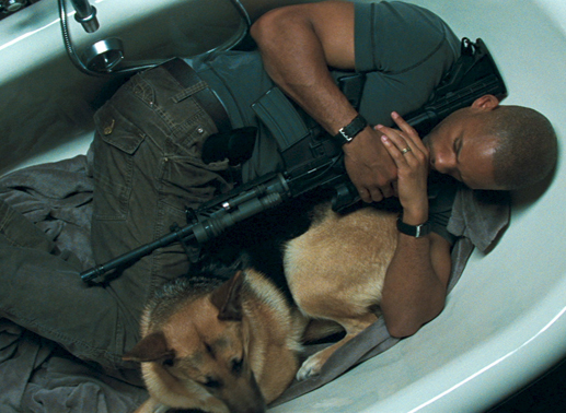 In der Nacht müssen Dr. Robert Neville (Will Smith) und sein Schäferhund Schutz suchen, denn draußen lauern Gefahren. Bild: Sender