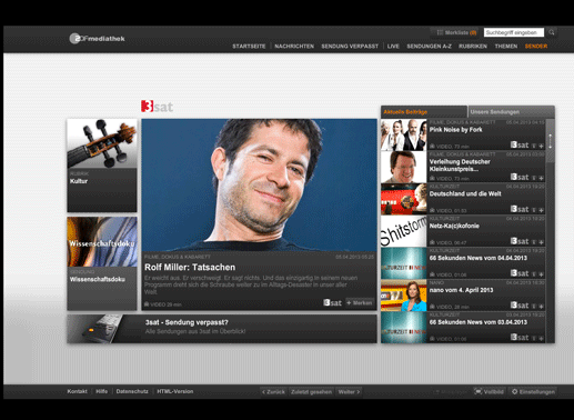 Die Mediathek von 3sat bietet in der Menüleiste unterschiedliche Auswahlmöglichkeiten an – im Fokus sind aktuelle Inhalte, Tipps, aktuelle und beliebte Sendungen. Bild: 3sat / Screenshot TVButler