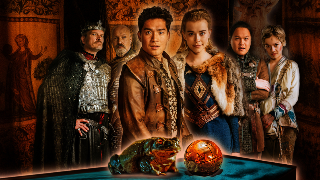 Das Märchen vom Frosch und der goldenen Kugel: König Theoderich (Götz Otto), Ulfred (Simon Werner), Gai (Jan Liem), Prinzessin Matilda (Milena Tscharntke), Teo (Viet Anh Alexander Tran), Fingerhut (Lea Drinda). Bild: Sender / ZDF und [F] Jan Hromadko, [M] Ewald Ebers. 