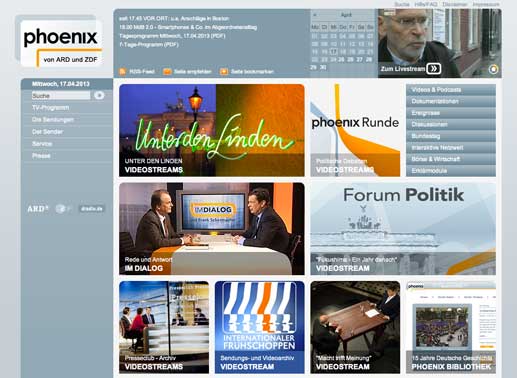 Der Gemeinschaftssender von ARD und ZDF bietet Videos und Podcasts aus dem Programm. Bild: Phoenix / Screenshot TVButler 