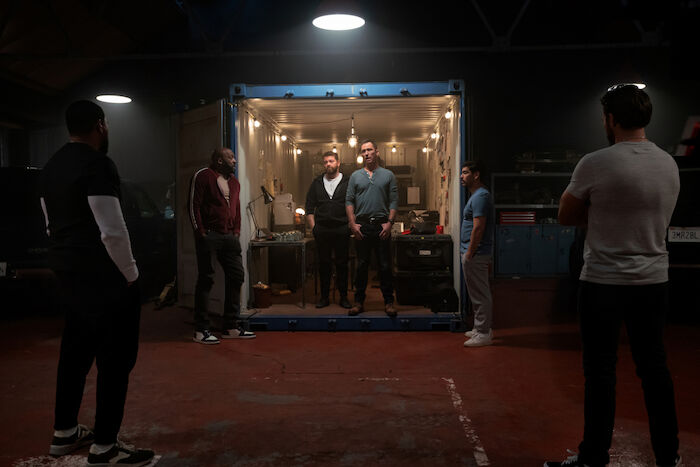 Cash Truck: Laz Alonso (Carlos), Deobia Oparei (Brad), Chris Reilly (Tom), Jeffrey Donovan (Jackson), Ra&uacute;l Castillo (Sam).Bild: Sender / ORF / Pro7 /  2021 Metro-Goldwyn-Mayer Pictures / Christopher Raphael