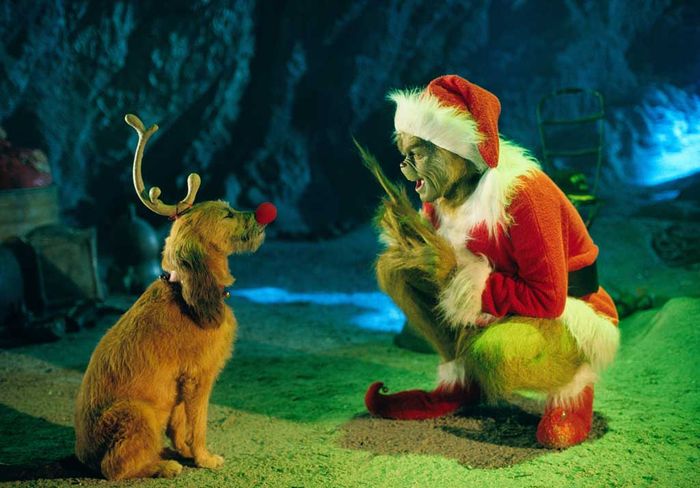 Der Grinch (Jim Carrey) und sein treuer Hund Max. Als Rentier verkleidet, soll Max dem Grinch helfen, die Einwohner von Whoville um ihre Weihnachtsgeschenke zu bringen und so das Fest zu ruinieren. Bild: Sender / Ron Batzdorff