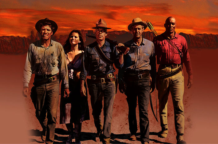 Die vier Abenteurer Bill Dolworth (Burt Lancaster), Henry Rico Fardan (Lee Marvin), Hans Ehrengard (Robert Ryan) und Jake Sharp (Woody Strode) haben ihren Auftrag erfüllt und Maria Grant (Claudia Cardinale) aus den Fängen des Banditen befreit. Bild: Sender / ARTE France /
Pax Enterprises Inc.