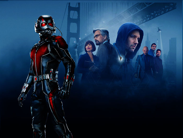 Hope van Dyne (Evangeline Lilly), Hank Pym (Michael Douglas), Scott Lang/Ant-Man (Paul Rudd), Yellowjacket/Darren Cross (Corey Stoll), Paxton (Bobby Cannavale), Luis (Michael Peña). Bild: Sender / MG RTL D / 2015 Marvel